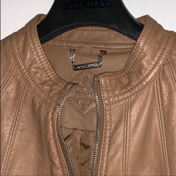 Tan Faux Vegan Leather Moto Motorcycle Jacket Coat - Picture 4 of 5